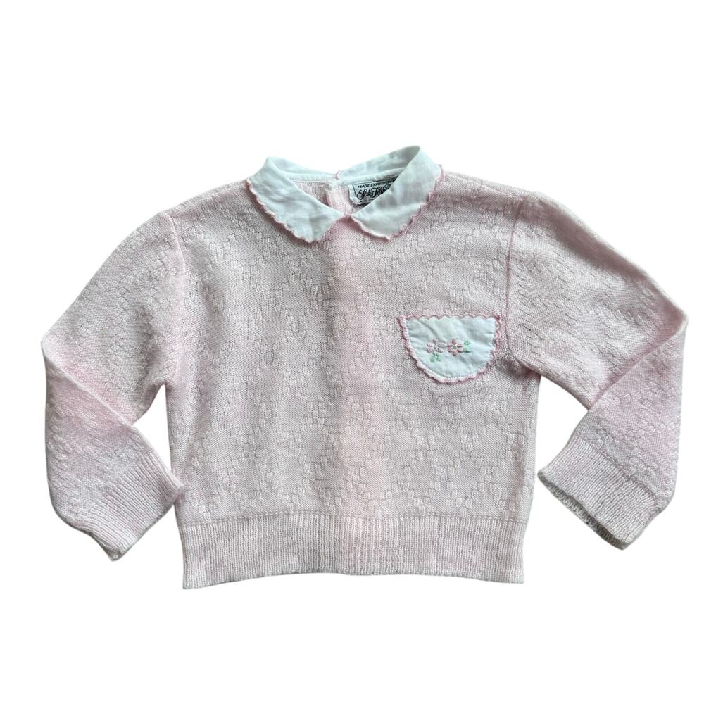 Vtg Saks Fifth Avenue Pink Pointelle Peter Pan Collar Sweater 6M